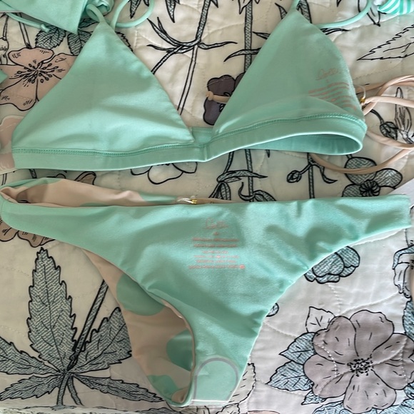 Lolli Swim | Ivory and Aqua Green polka dot Top and Bottom - Picture 3 of 6